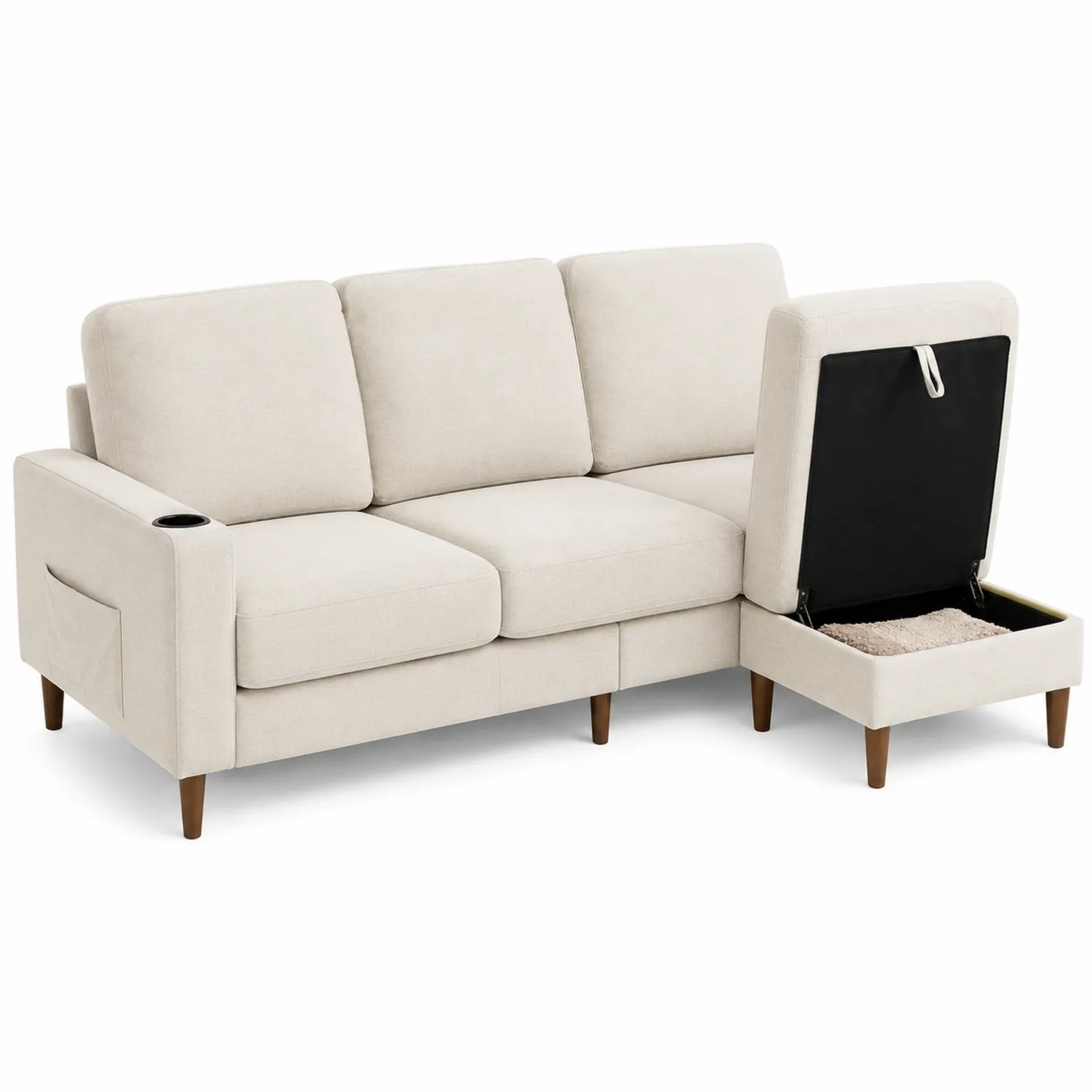 3-Sitzer Ecksofa mit Aufbewahrung und Polyesterbezug Creme