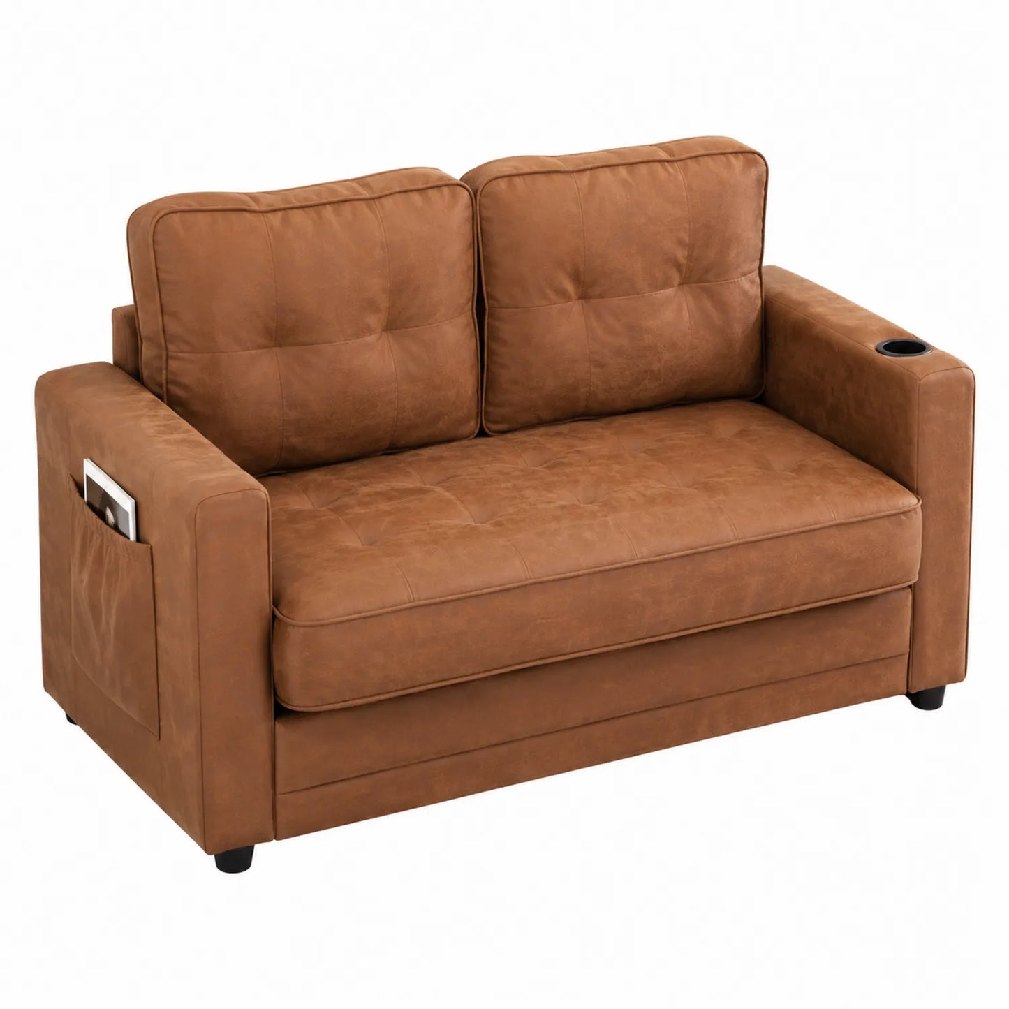 2-Sitzer Sofa aus Kunstleder Braun mit Stauraum und Becherhalter