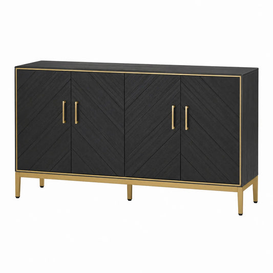 Sideboard aus Holzfurnier mit Golddetails, Schwarz, 4-türig, 160x80x40 cm